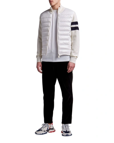 Shop Moncler Men's Knit Puffer Striped Zip Cardigan Sweater In White