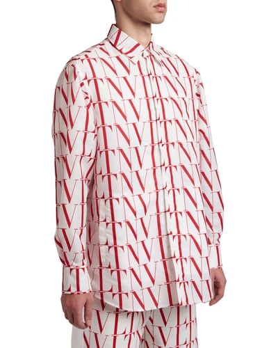Shop Valentino Men's Vltn Times Coaches Shirt Jacket In White/red