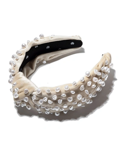 Shop Lele Sadoughi Allover Pearl Velvet Knotted Headband In Ivory