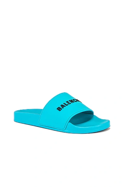 Shop Balenciaga Logo Pool Slide In Turquoise