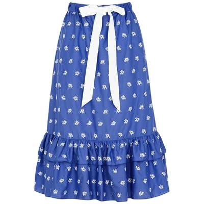 Shop Erdem Vacation Corsica Blue Embroidered Cotton-poplin Midi Skirt In Blue And White