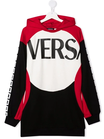 Shop Versace Teen Greca-trim Logo-print Sweatshirt Dress In Red