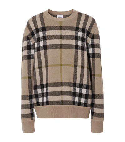 Shop Burberry Cashmere Check Jacquard Sweater In Brown