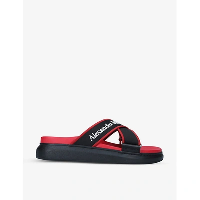 Shop Alexander Mcqueen Hybrid Logo-strap Woven Sliders In Blk/red