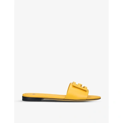 Shop Fendi Womens Yellow Ff-embellished Leather Sliders 4