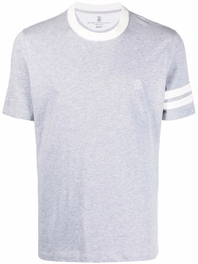 Shop Brunello Cucinelli Striped-sleeve Cotton T-shirt In Grey