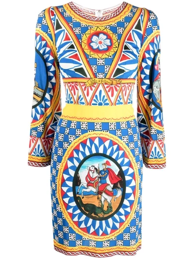 Dolce & Gabbana Short Carretto-print Organzine Dress In Blue