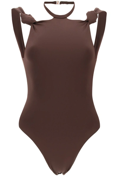 Shop Attico One-piece Swimsuit With Knots In Coffee (brown)