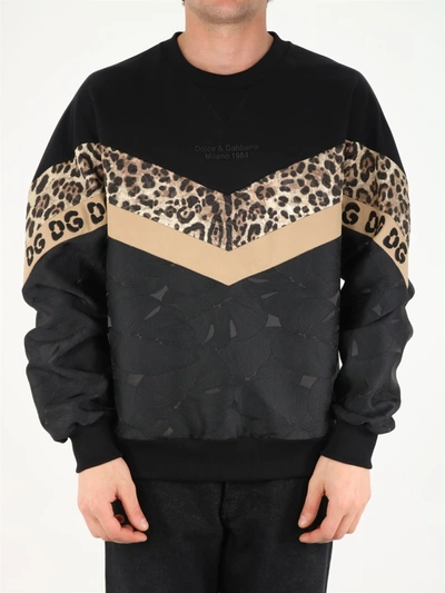 Shop Dolce & Gabbana Mixed Fabric Sweatshirt With Leopard Intarsia With Patch In Black