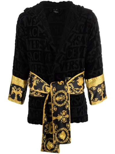 Shop Versace Barocco-print Cotton Robe In Black