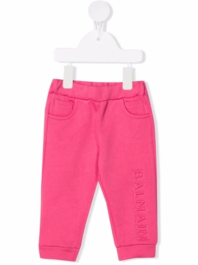 Shop Balmain Debossed-logo Jersey Track Pants In Pink