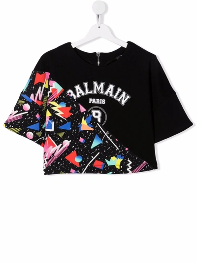 Shop Balmain Teen Geometric Logo Printed T-shirt In 黑色