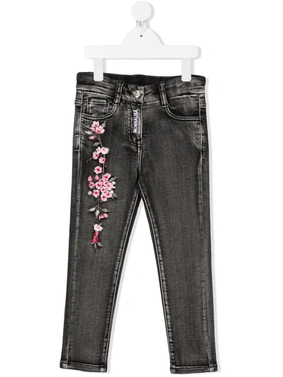 Shop Monnalisa Floral-embroidered Stonewashed Jeans In Black