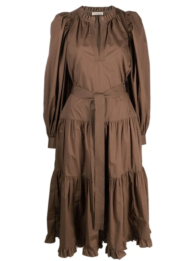 Shop Ulla Johnson Split Neck Tie-waist Dress In Brown