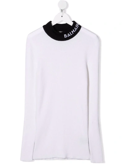Shop Balmain Teen Intarsia-knit Logo Collar Jumper In White