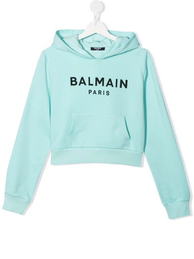 Shop Balmain Teen Logo-print Cropped Hoodie In Blue