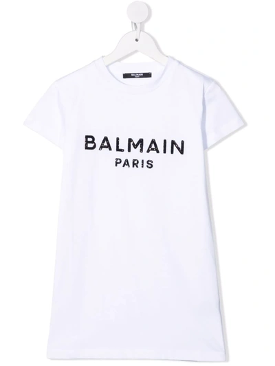 Shop Balmain Sequin-logo Embellished T-shirt Dress In White