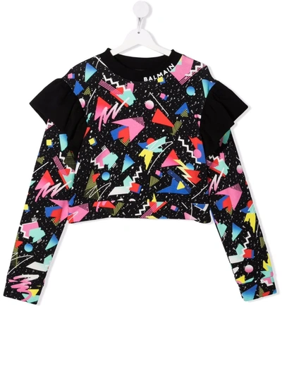 Shop Balmain Teen Graphic-print Frill-trim Sweatshirt In Black