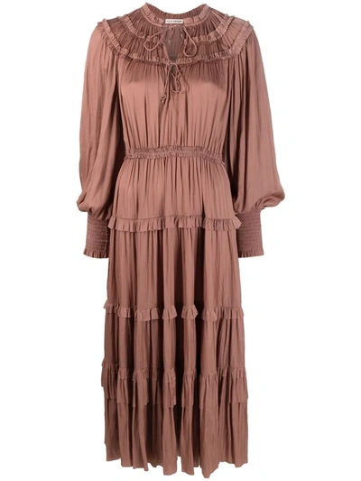 Shop Ulla Johnson Long Pleated Tiered Dress In Rosa