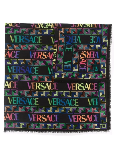 Shop Versace Greca Neon-print Wool Scarf In Schwarz