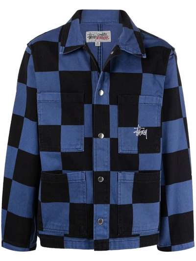 Shop Stussy Checkerboard-print Button-up Jacket In Blau