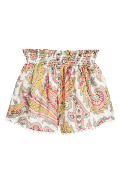 Shop Zimmermann Kids' Teddy Paisley Print Smocked Waist Shorts In Ivory Paisley