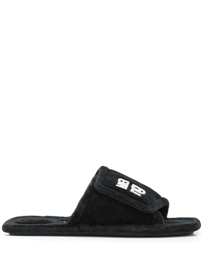 Shop Alexander Wang Lana Crystal Logo Slippers In Black