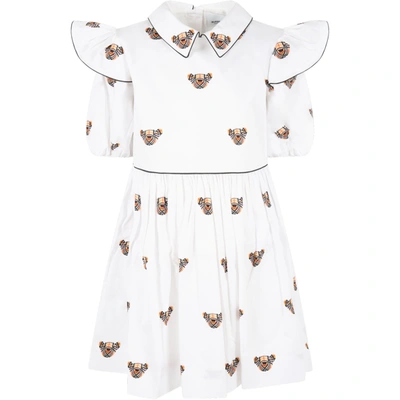 Shop Burberry White Dress For Girl With Thomas Bear