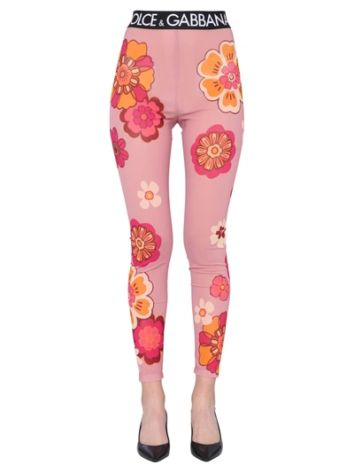 Shop Dolce & Gabbana Leggings With Flower Print In Rosa