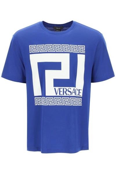 Shop Versace Greek Logo T-shirt In Lapis (blue)