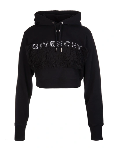 Shop Givenchy Woman Black  Crop Hoodie With Lace
