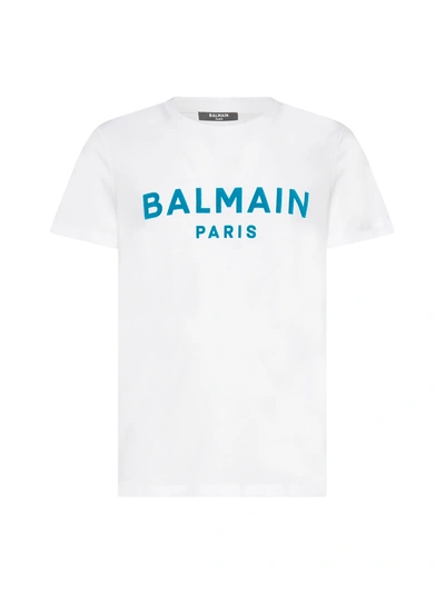 Shop Balmain T-shirt In Blanc Bleu Caraibe