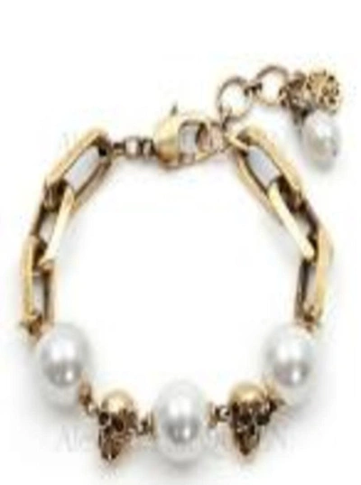 Shop Alexander Mcqueen Pearl-like Skull Chain Bracelet In Metallic