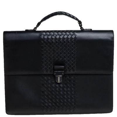 Pre-owned Bottega Veneta Black Intrecciato Leather Flap Briefcase