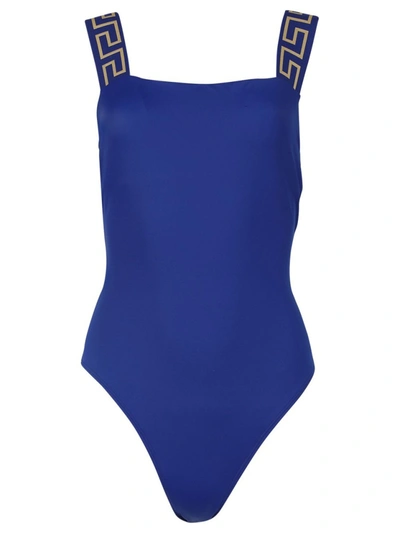 Shop Versace Greca Logo Trim One-piece Swimsuit, Lapis Blue