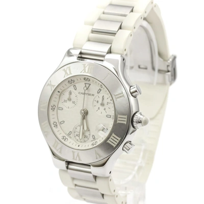 Pre-owned Cartier White Stainless Steel Must 21 Chronoscaph W10197u2 Quartz Women's Wristwatch 38 Mm