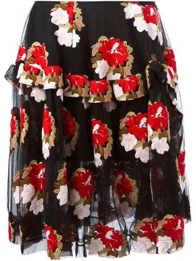 Simone Rocha Ruffled Floral Embroidered Tulle Skirt In Black