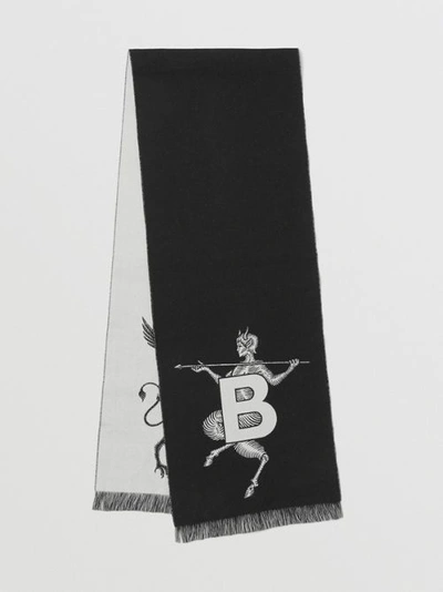 Shop Burberry Mythical Alphabet Wool Jacquard Scarf In Black/white