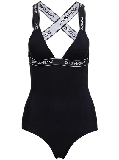 Shop Dolce & Gabbana Logo Tape Swimsuit In Black