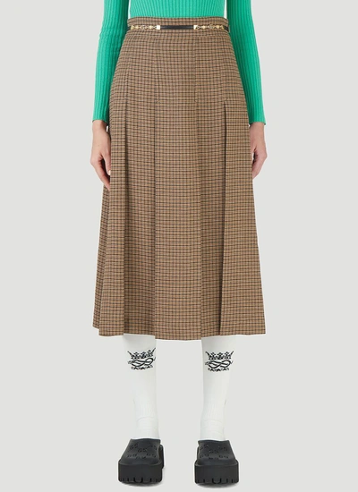 Shop Gucci Double G Chain Check Pleated Skirt In Brown
