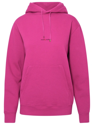 Shop Saint Laurent Logo Printed Drawstring Hoodie In Pink