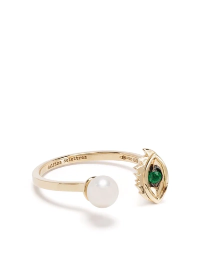 Shop Delfina Delettrez 9kt Yellow Gold Micro-eye Piercing Emerald And Pearl Ring In 金色