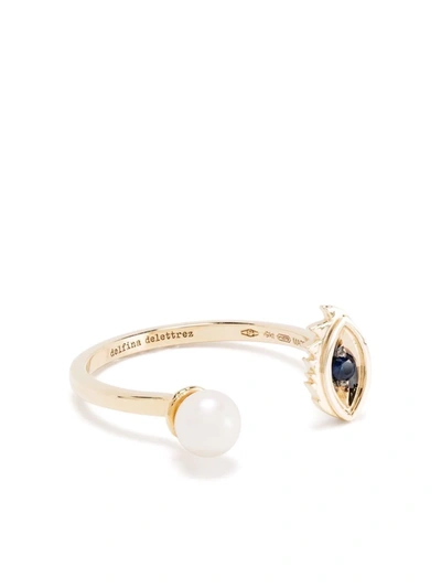 Shop Delfina Delettrez 9kt Yellow Gold Micro-eye Piercing Sapphire And Pearl Ring In 金色