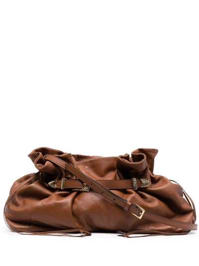 Shop Alberta Ferretti Ruched Buckle Shoulder Bag In Braun