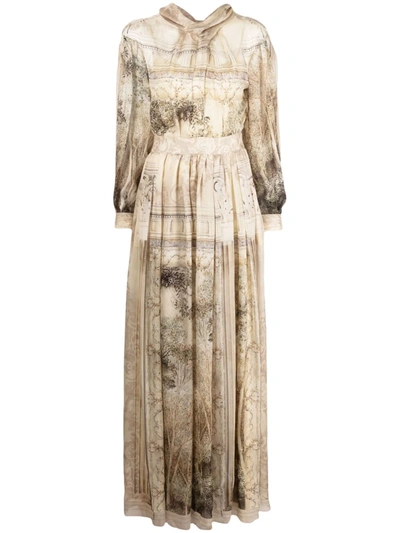 Shop Alberta Ferretti Nature-print Chiffon Dress In Grau
