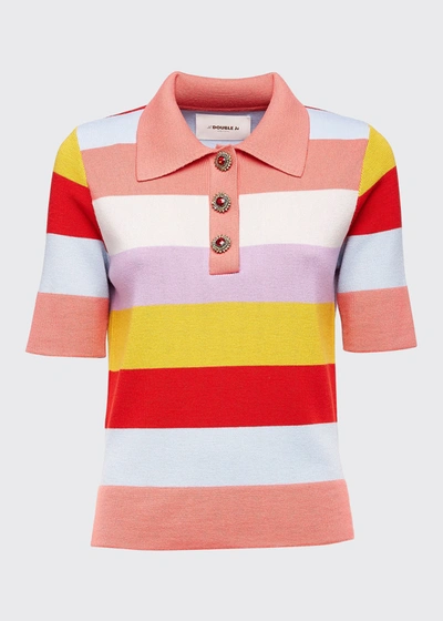 Shop La Doublej Striped Polo Shirt W/ Crystal Buttons In Rosa Mix