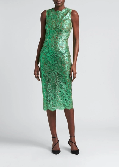 Shop Dolce & Gabbana Metallic Lace Tubino Midi Dress In Brighgreen