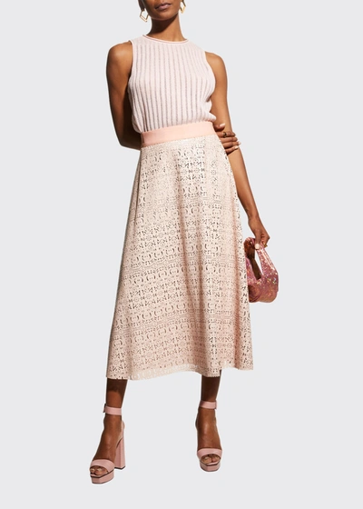 Shop Alice And Olivia Sosie Vegan-leather Flared Midi Skirt In Blush