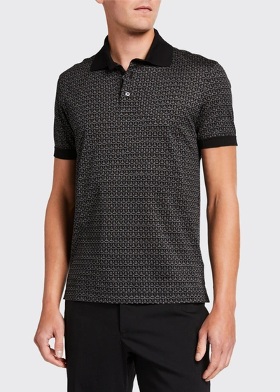 Shop Ferragamo Men's Gancini-print Pique Polo Shirt In Gray/black