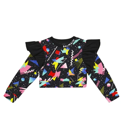 Shop Balmain Printed Cropped Cotton Sweatshirt In Black